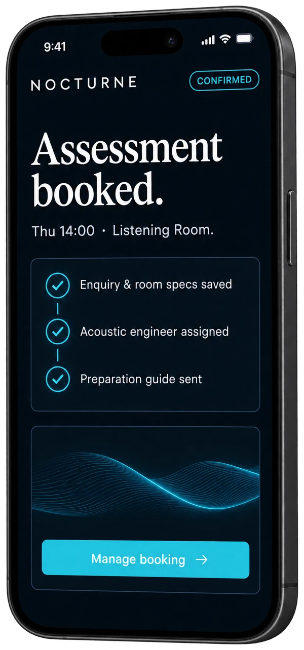 Illustrative Nocturne Acoustics mobile booking and follow-up screen.